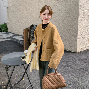 黄色短款毛呢外套女冬季2025新款小个子时髦高级感英伦风呢子上衣图片