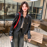 长袖短款拼接秋季复古港风皮衣皮夹克外套春秋宽松显瘦小个子网红，女装皮衣，2C170