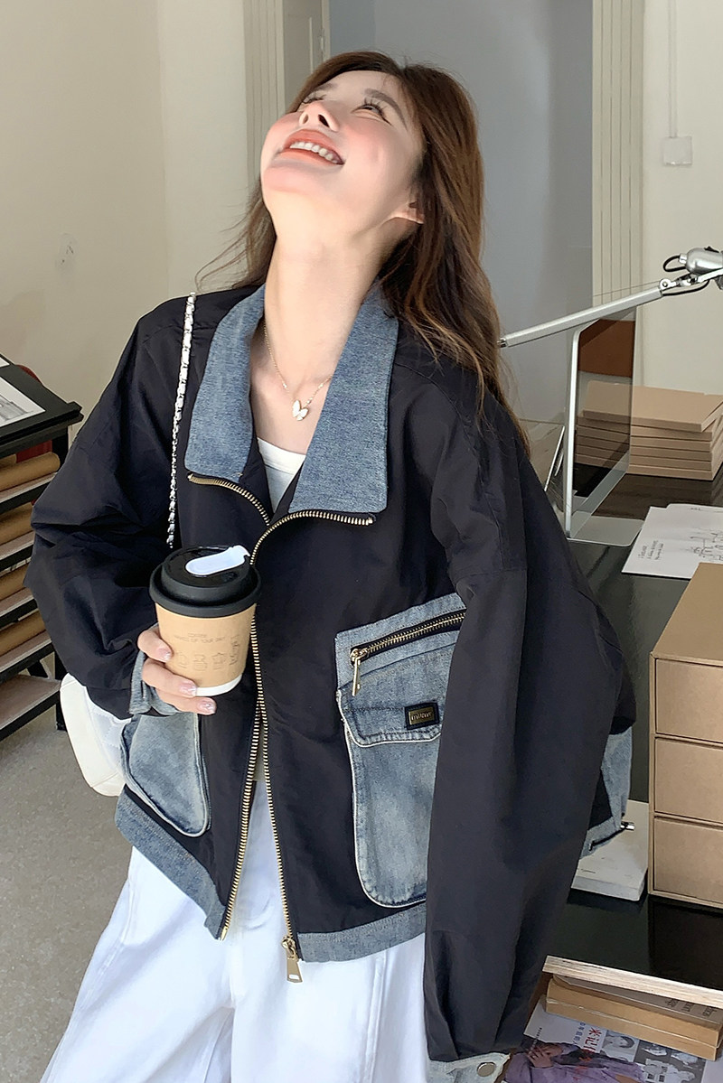 春季小个子又酷又飒减龄外套女2025爆款新款设计感牛仔拼接短夹克,女装短外套,2C170