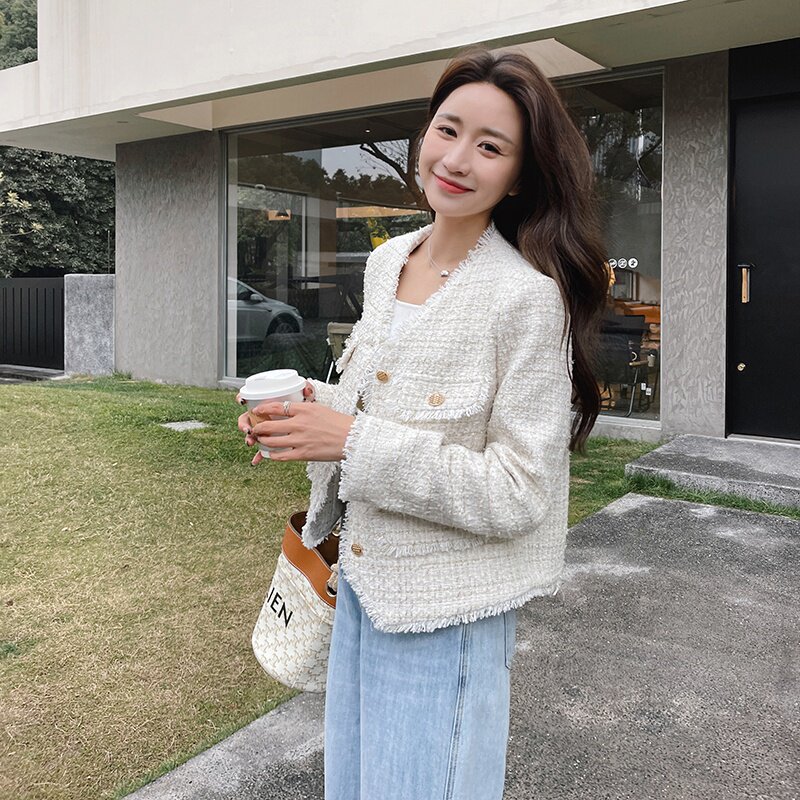 精致粗花呢拉毛小香风外套女2024春秋新款小个子气质高级感短上衣,女装短外套,2C170