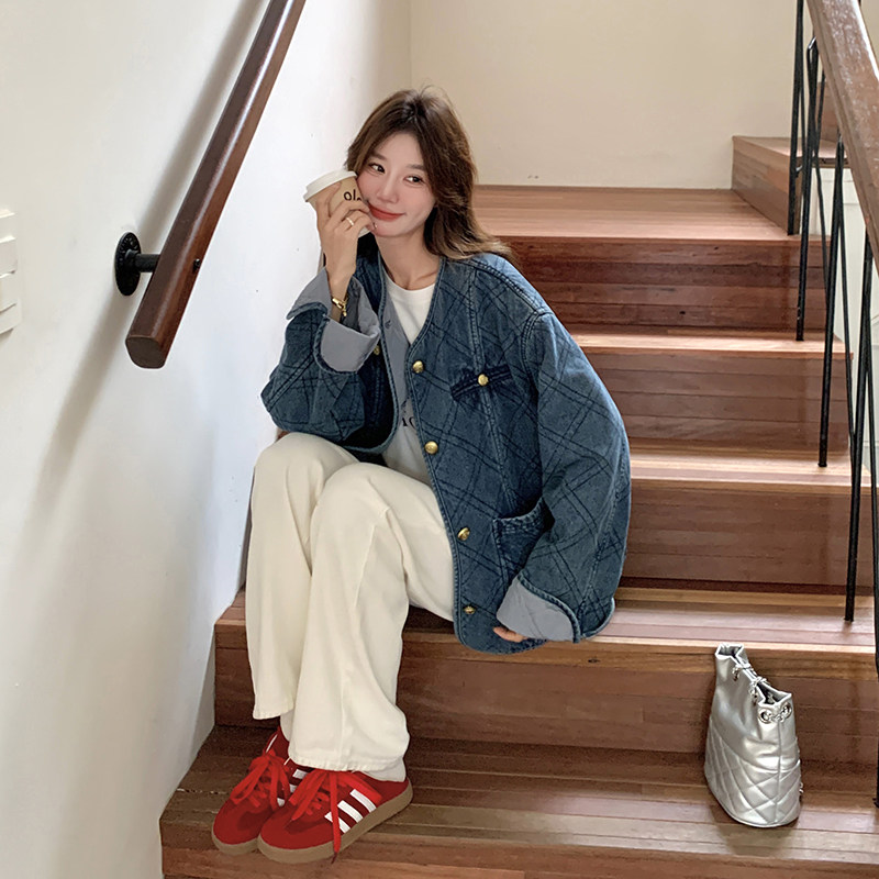 美式复古牛仔羽绒棉服女秋冬季超火好看高级小众棉衣棉袄轻薄外套,女装棉衣/棉服,2C170