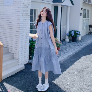 蓝色韩系休闲松弛感减龄连衣裙女2025夏季新款法式木耳边休闲长裙图片