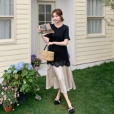 法式甜美蕾丝拼接连衣裙女2025夏季新款韩版显瘦洋气撞色T恤长裙，女装连衣裙，2C170