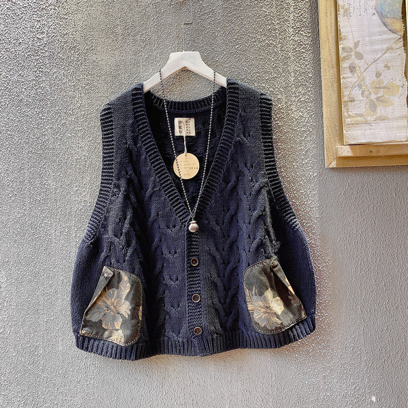 棉线贴布开衫复古外穿背心