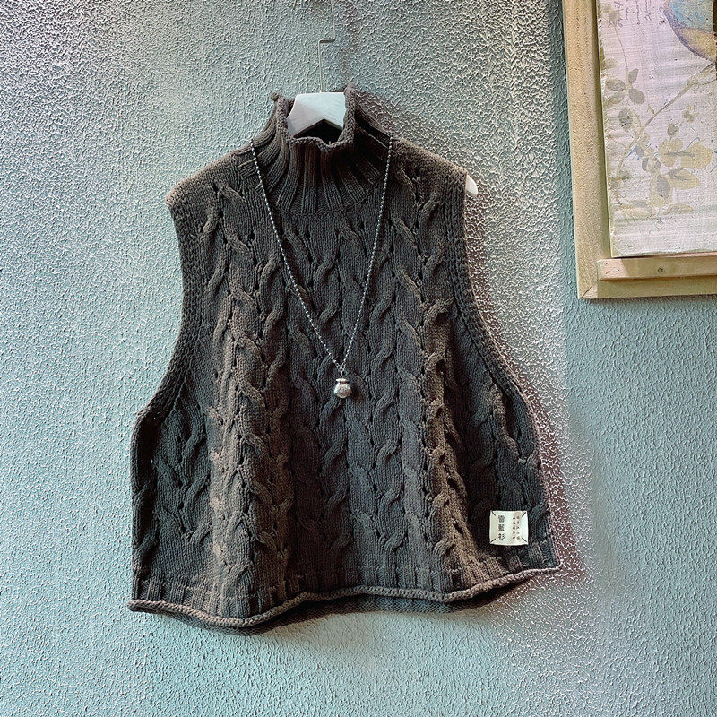 棉线麻花针织套头马夹女