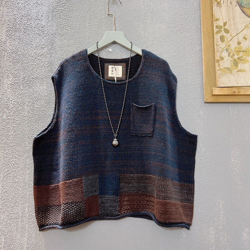 复古休闲圆领包肩袖棉线马夹女