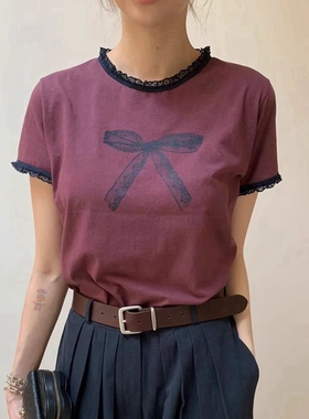 现tara by motion韩国东大门代购2025春季新蕾丝边蝴蝶结短袖T恤