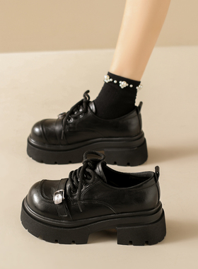 小皮鞋女厚底2026春季新款百搭7cm增高女鞋乐福鞋女系带高跟单鞋
