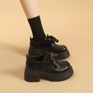 高跟7cm增高单鞋 2026春季 女真皮松糕厚底乐福鞋 英伦风小皮鞋 新款