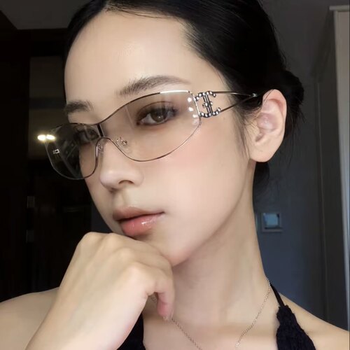 复古双C镶钻墨镜女高级感一片式防紫外线显脸小网红同款Y2K辣妹风