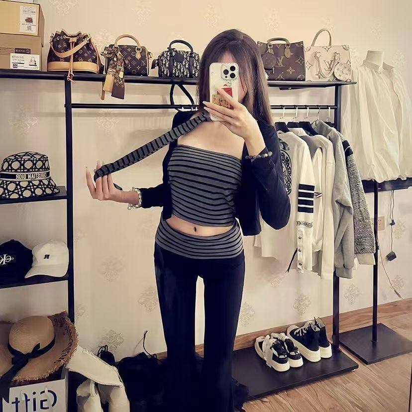 四件套女同款辣妹设计感长袖开衫条纹抹胸背心微喇裤套装