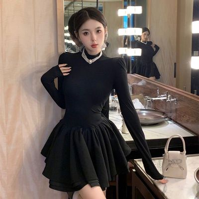 秋冬季半高领打底内搭显瘦小黑裙高级感气质千金公主蓬蓬连衣裙
