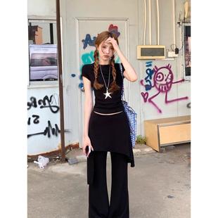 长裤 2025早秋显瘦辣妹时尚 T恤女假两件休闲裤 收腰短袖 两件套 套装