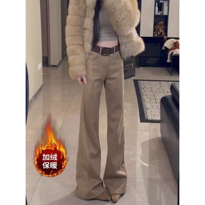 秋冬加绒加厚卡其色复古微喇牛仔裤女高腰显瘦弹力修身马蹄拖地裤