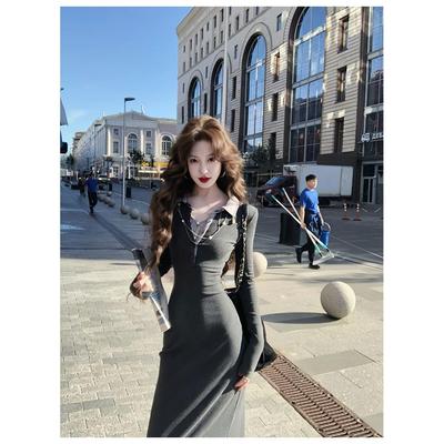 法式复古翻领长袖针织打底衫连衣裙女2025新款秋冬天配大衣的裙子