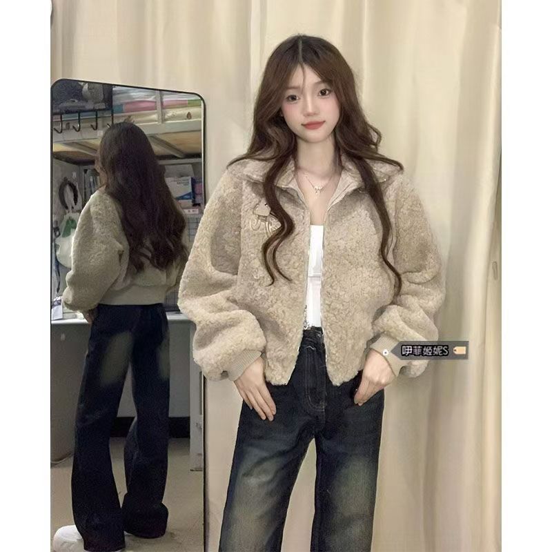 【300克羊羔绒】韩系慵懒风羊羔绒外套套装女秋冬设计感立领上衣