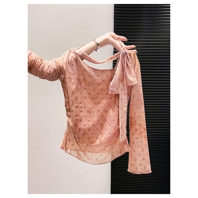 双层原版工艺做法秋季薄感波点晕染渐变网纱斜肩系带长袖上衣