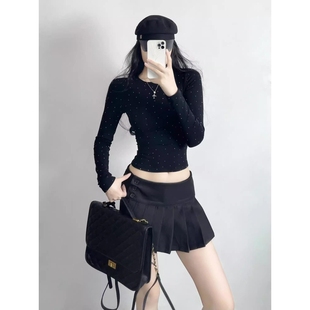 上 打底衫 莫代尔人棉260克烫钻圆领收腰显瘦长袖 正肩T恤女短款