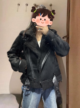 外单欧美秋冬新款欧美风麂皮绒面皮毛一体羊羔毛保暖外套机车服女