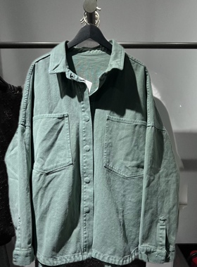 ZA新款女翻领长袖宽松oversize不对称口袋饰牛仔衬衫外套4877040