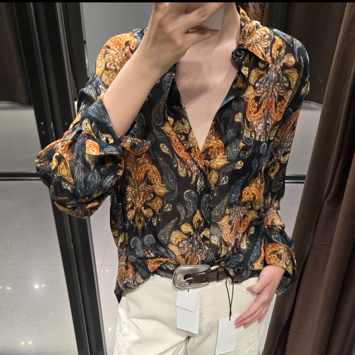 2026早秋新品欧美度假风女装长袖翻领直筒印花衬衫 1326017 330