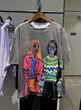 欧美复古夏季新款女装宽松休闲煤灰色女孩印花 T 恤 1131329 807