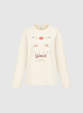 长袖T恤2026春季新款女装休闲童趣小羊印花棉质圆领T恤