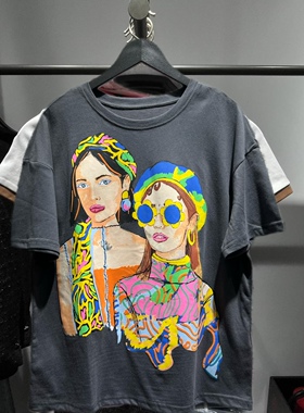 欧美复古新款灰色圆领宽松女孩印花纯棉短袖T恤女夏1131334 807