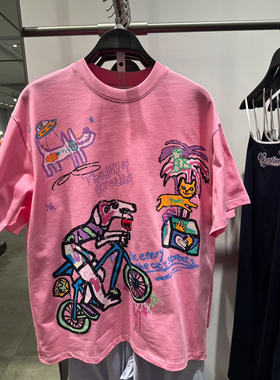 宽松T恤女2025春季新款女装休闲趣味涂鸦印花短袖运动系列T恤