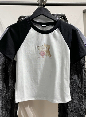 欧美辣妹2025春季新款女装撞色插肩袖印花短款修身短袖T恤450040