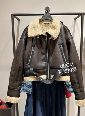 外套皮毛一体双面短款夹克外套秋冬新款翻领加厚女装8073235 716