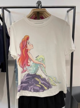 欧美风潮流ins手工亮片小美人鱼公主春夏新款女装卡通印花T恤