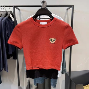 欧美春夏新品大胸可穿胖女装时尚ins老虎刺绣修身短款短袖正肩T恤
