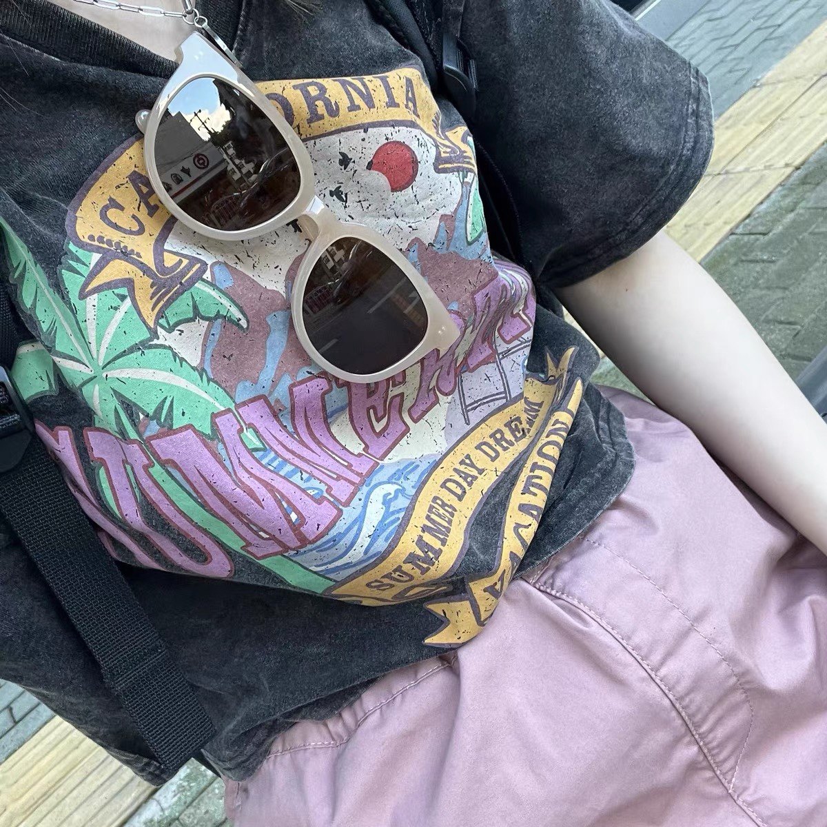 春夏新女装辣妹爵士舞蹈宽松复古欧美风斑驳水洗做旧印花短袖T恤