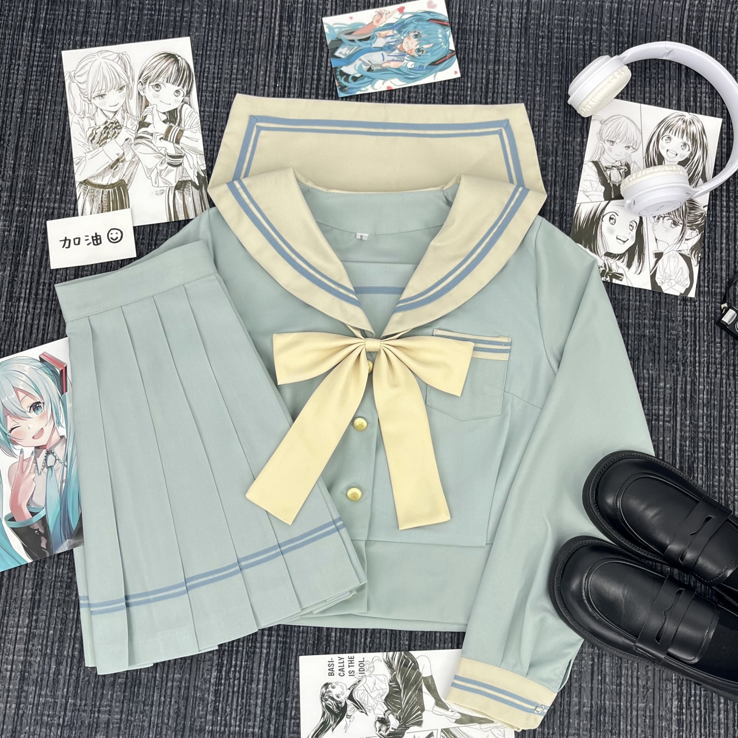 青月社原创时夏纽扣款薄荷绿水手服满襟日系学院风JK制服中间服女