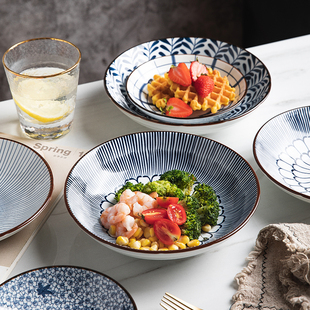 青花瓷家用釉下彩陶瓷盘子装菜盘子大号创意圆形深菜盘盘寿司盘