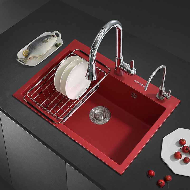 悍高石英石水槽厨房多彩大单槽洗菜盆洗碗池台上台下盆沥水篮套餐