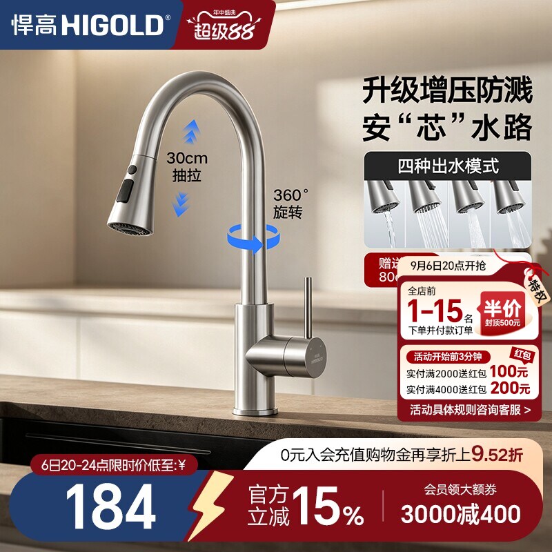 旋转水龙头悍高304不锈钢图片
