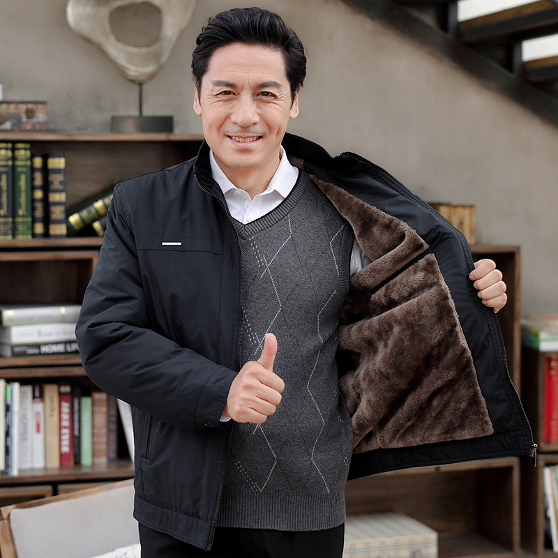 秋冬季中老年人爸爸装男士外套加绒加厚夹克爷爷衣服五六十岁棉衣