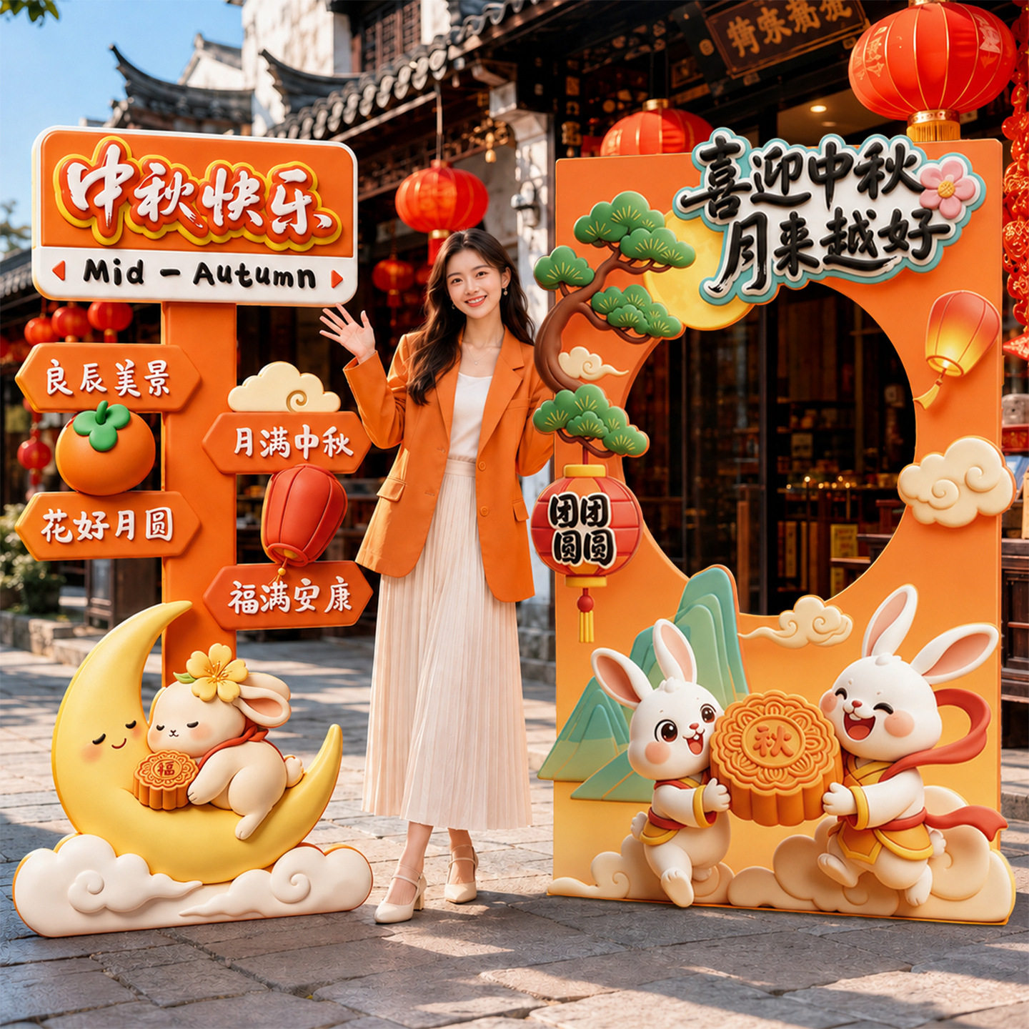 中秋节场景布置学校商场店铺活动装饰打卡拍照相框kt板背景墙道具
