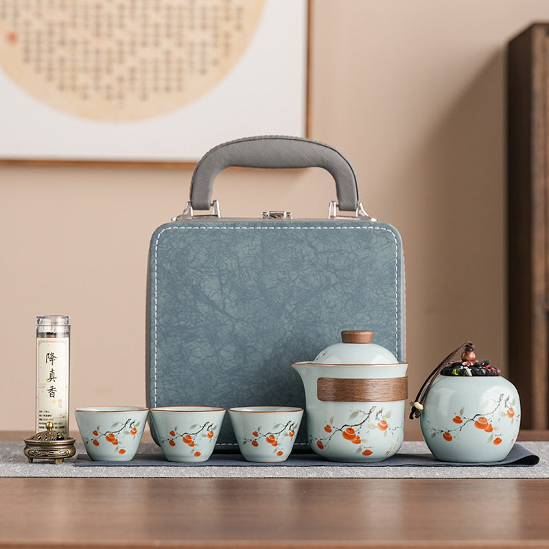 简约汝窑旅行茶具套装一壶三杯泡茶壶节日活动公司周年礼物伴手礼