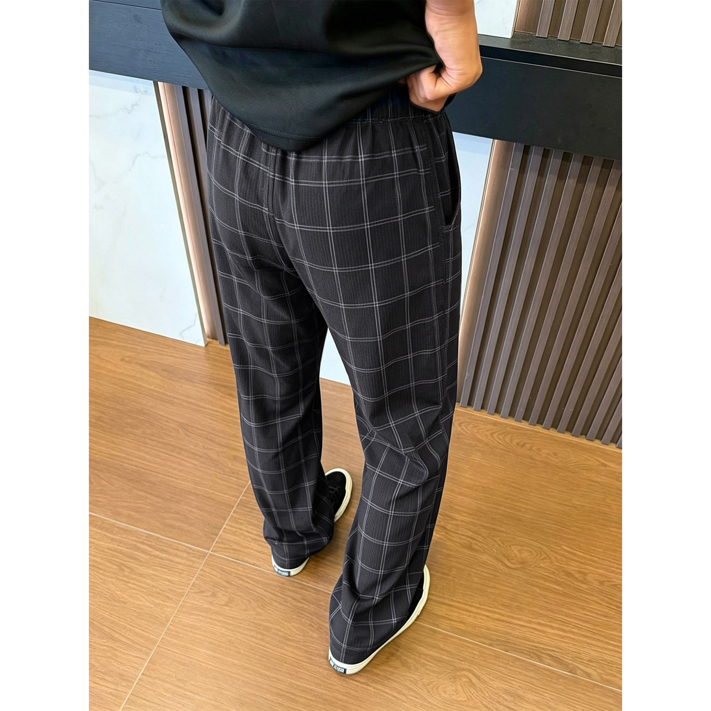 黑色格子裤男女款夏季美式复古垂感微喇直筒裤cleanfit休闲裤子