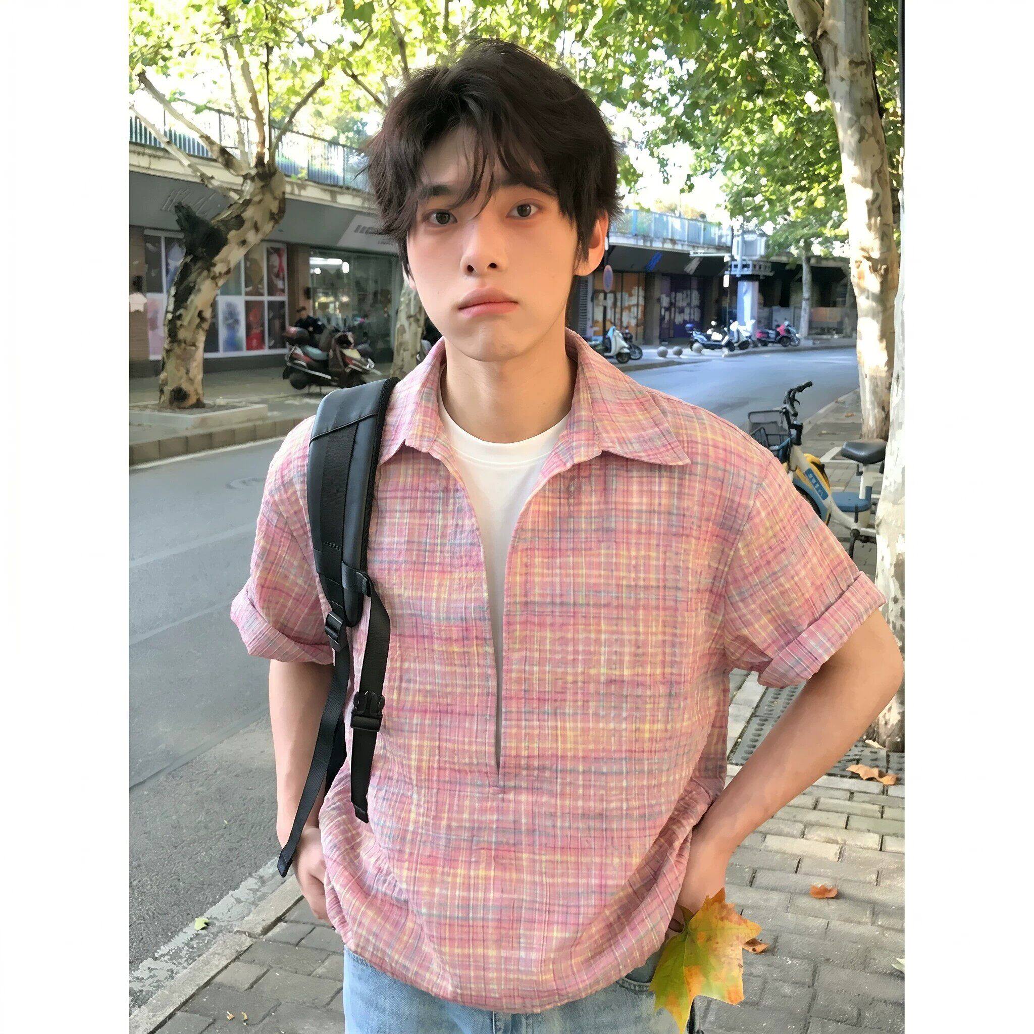 粉色假两件V领短袖衬衫男款夏季