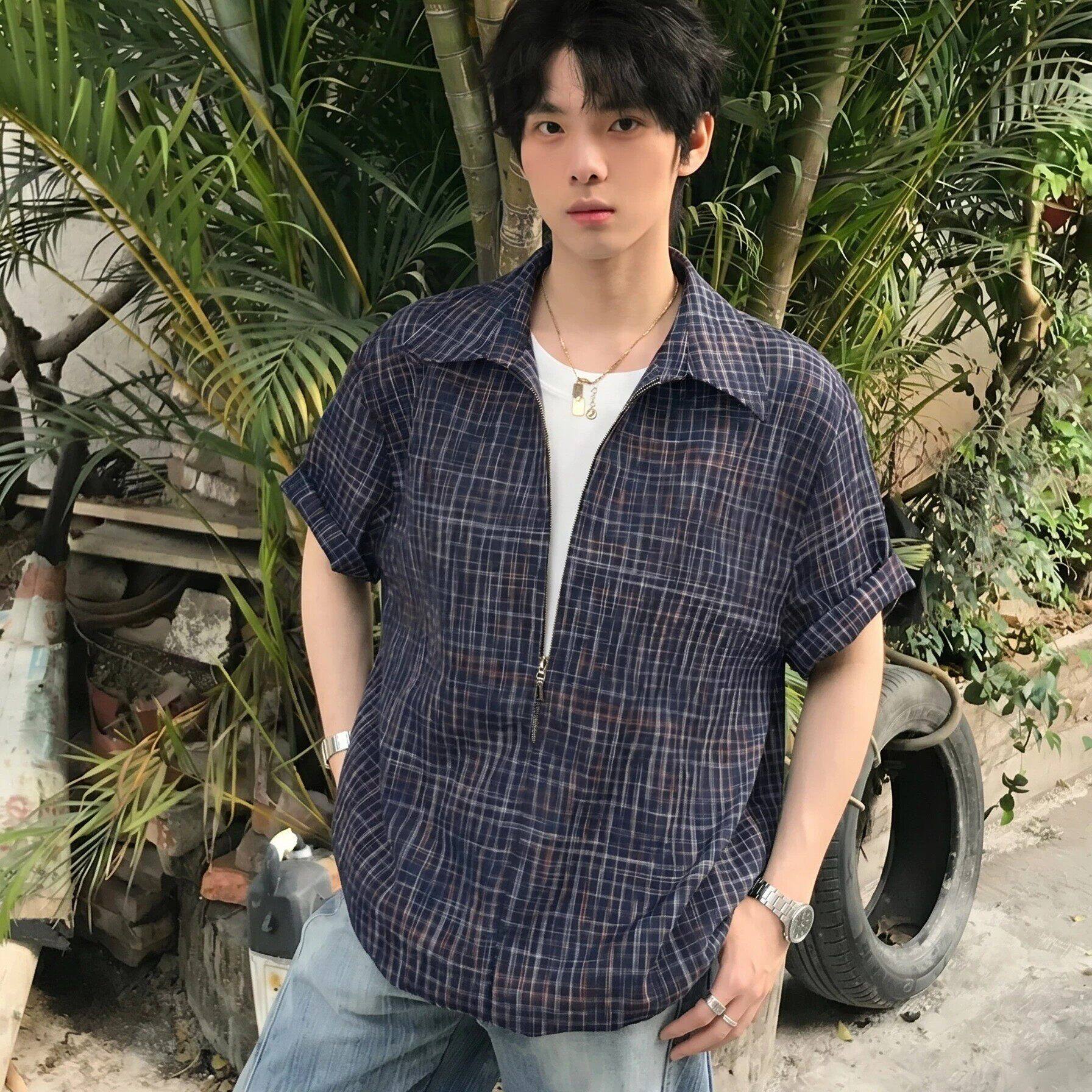 藏青色泡泡纱短袖衬衫男生夏季假两件v领衬衣少年感穿搭半袖外套