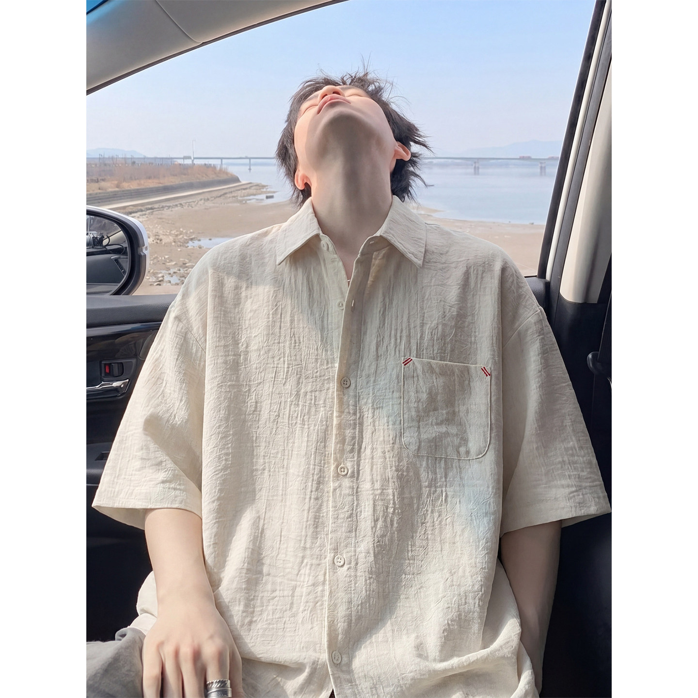 杏色新中式仿亚麻薄款透气衬衫