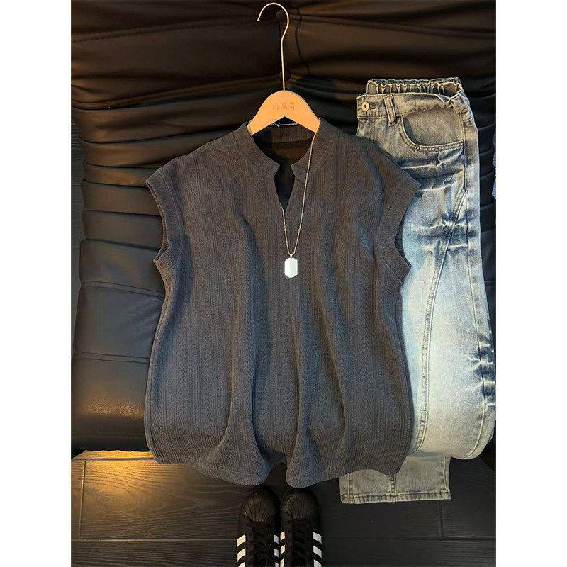 cleanfit灰色麦穗纹V领背心男款夏季重磅无袖t恤美式健身运动坎肩