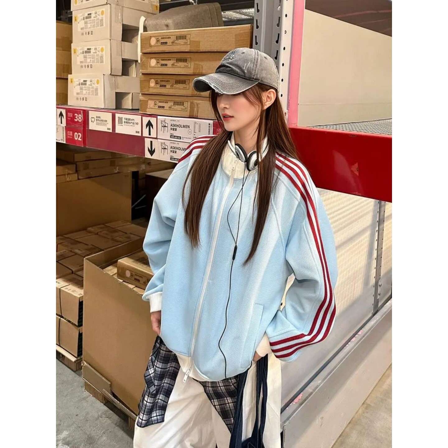 蓝色条纹撞色华夫格开衫卫衣男女春秋美式三条杠立领运动情侣外套