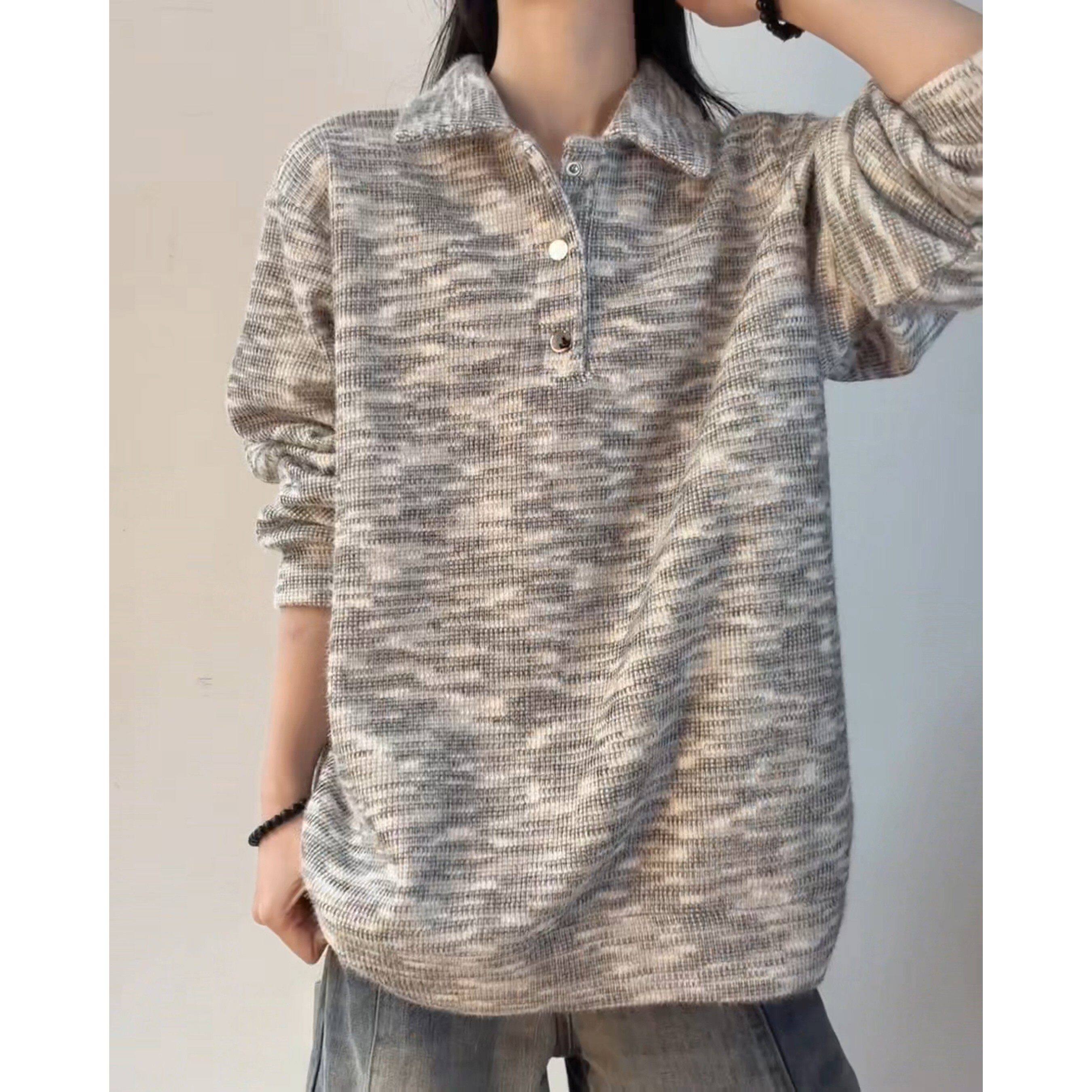 美式复古灰色Polo领毛衣男女款冬季慵懒风加绒卫衣休闲情侣针织衫