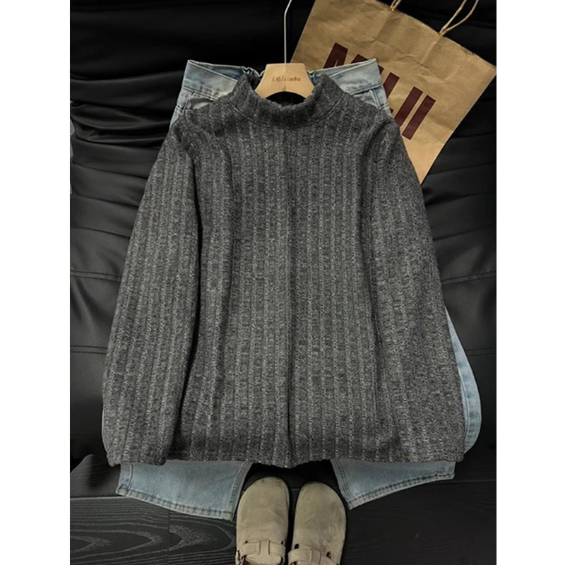 深灰色半高领针织卫衣男款秋冬加绒加厚内搭上衣慵懒风保暖打底衫