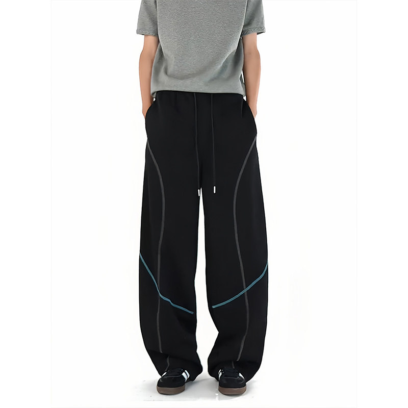 哈苏线撞色黑色弯刀卫裤男款秋季垂感直筒运动裤子美式阔腿休闲裤